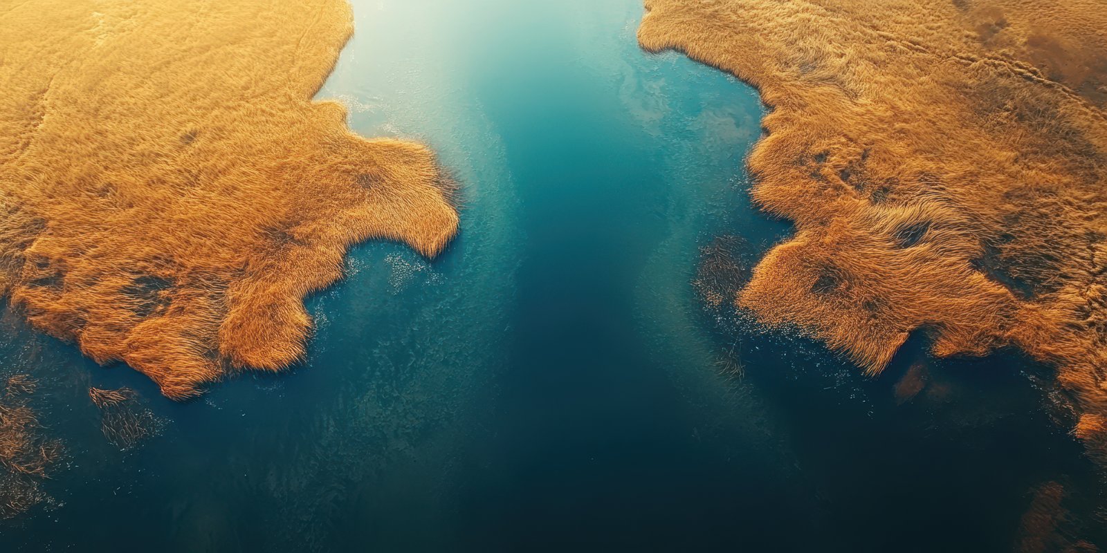 Serene aerial view of a waterway surrounded by golden grasslands during sunset